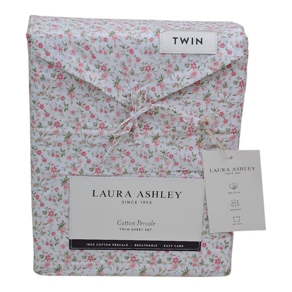 Laura Ashley Twin Cotton Percale Floral Sheet Set Pink Green Flowers - Picture 8 of 8